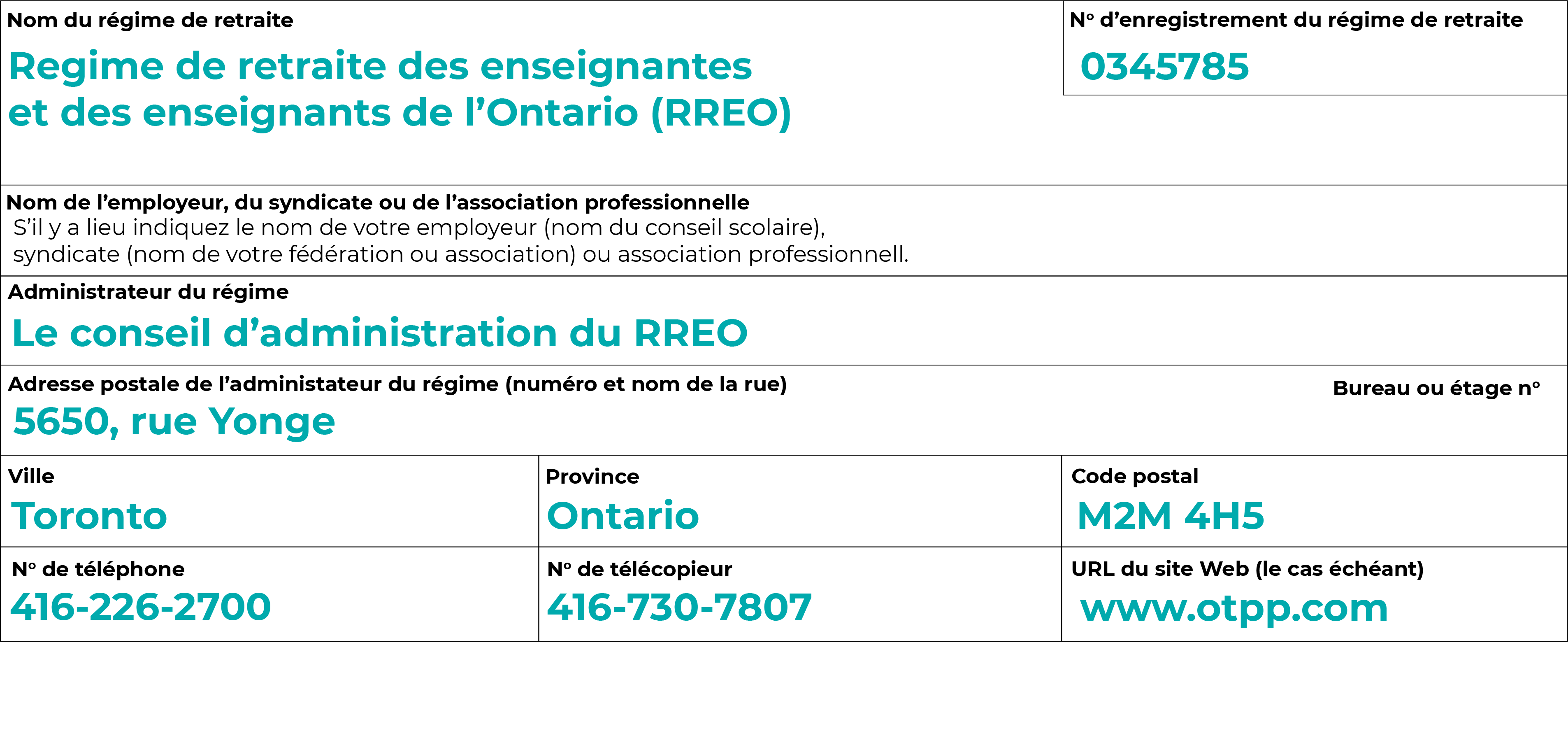 Ceci est un exemple d'un formulaire rempli portant de l'information sur le régime de retraite